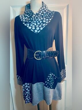 Black and Gray Long-Sleeve Mini Dress with Silver Spot Details